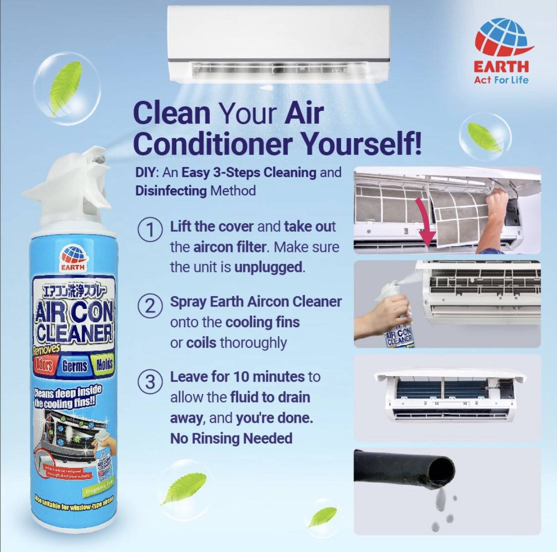 Earth Air Con Cleaner (Fragrance Free) 420ml [1010]